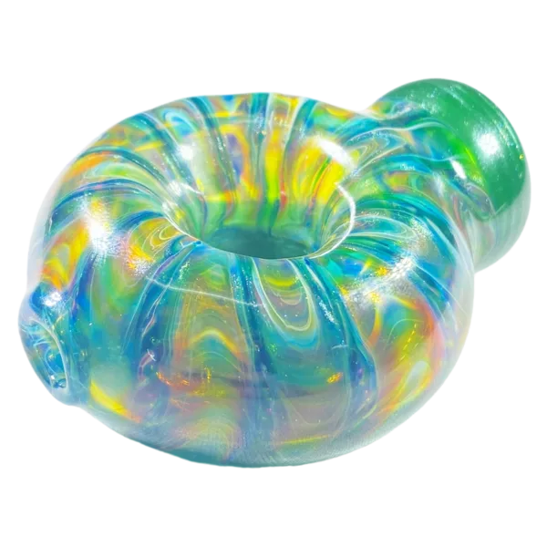 small, round glass vase with a swirling pattern of blue, green, and yellow.