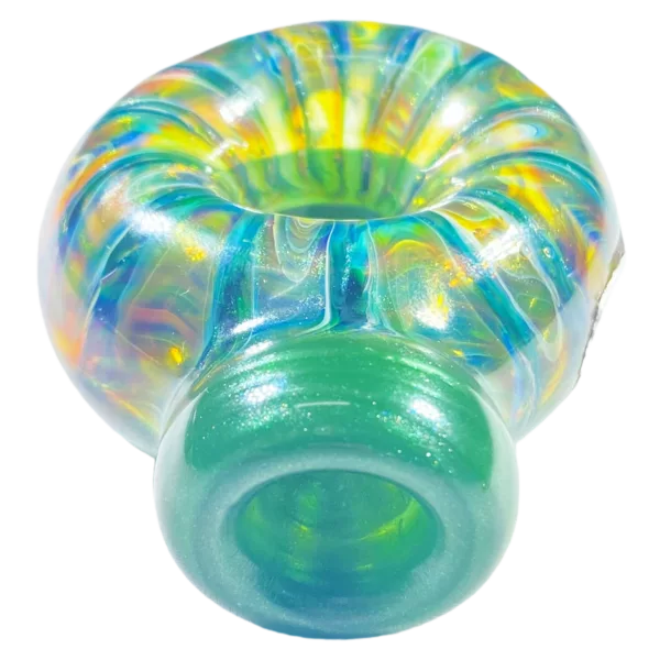 A clear glass pipe with a yellow and blue swirl pattern and a small hole on the end, shaped like a tapered cylinder.