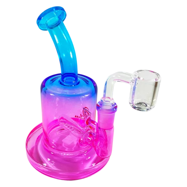 Handmade glass Small Gradient Rig for vaping, featuring pink and blue swirl patterns and a small tray for holding dottable or wax.