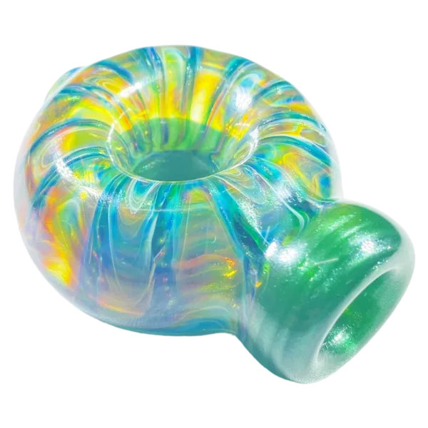 Stylish, high-quality glass pipe with a swirled design in shades of blue, green, and yellow. Round, cylindrical shape with a smooth, glossy surface. White background.