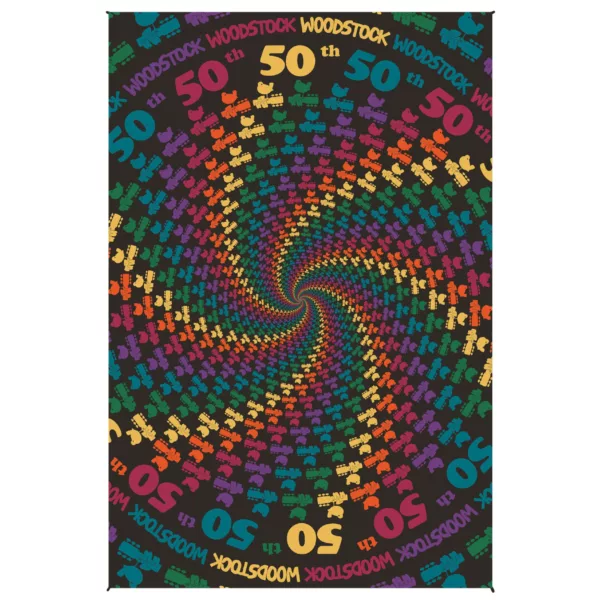 Colorful, abstract spiral tapestry with repeating patterns in purple, blue, green, and orange. Perfect for wall decor.