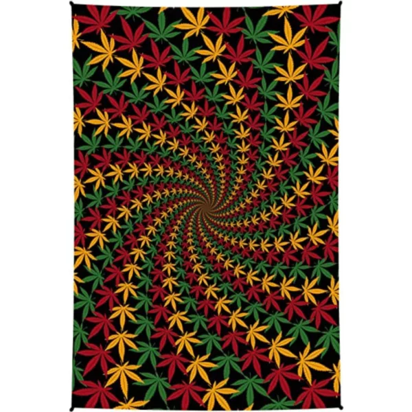 Vibrant marijuana leaf spiral tapestry with red, green, and yellow colors on a black background. Perfect for any room as a wall hanging or room divider.