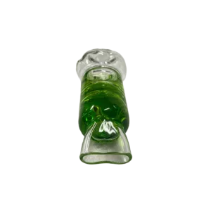 A green glycerin bowl with a cylindrical shape, flat base, small round rim, narrow opening, circular handle, and white chain.