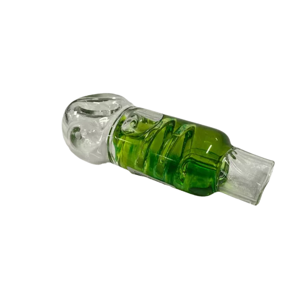 A green glass jar with a round bottom and screw-on lid, featuring a small and large hole. The jar has a thick, cylindrical shape and is made of clear glass. It is sitting on a white background.
