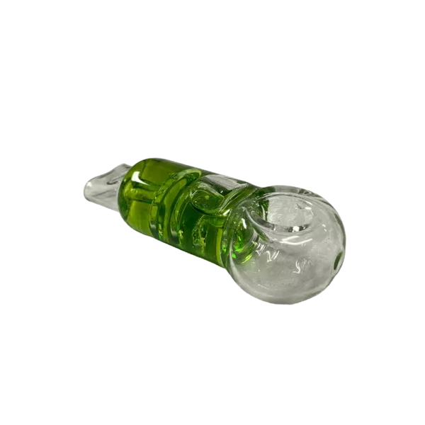 Clear glass pipe with round shape and base, small mouthpiece and base. Green background. Colored Glycerin Bowl HP - GSBHP374.