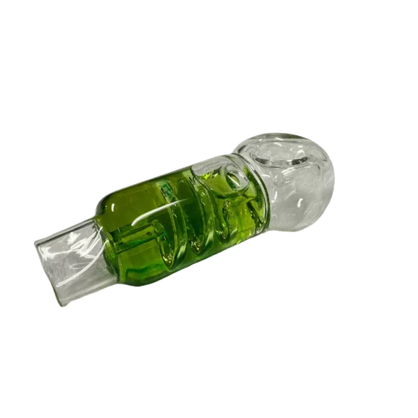 Glass pipe with green liquid inside in clear cylinder shape. Green background.