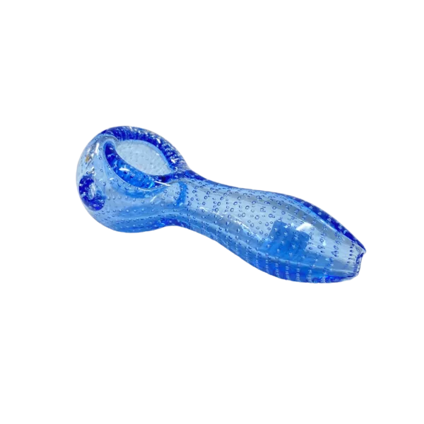 A clear, blue glass bubble head with a small top hole and larger bottom hole for smoking.