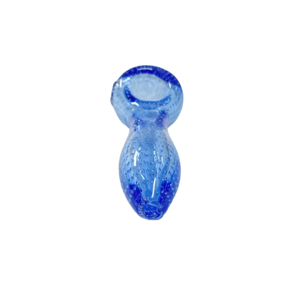 A blue glass bubble-shaped head with a small opening on top, round and smooth with a pointed tip.