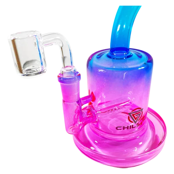 Small gradient bong with pink/purple design, clear glass body, and purple bowl. Features water filtration and side handle for easy grip.