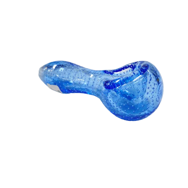 Clear blue glass pipe with globe-shaped bubble head and small blue dots. Round blue stem with curved end and small hole. Attached with blue glass ring.
