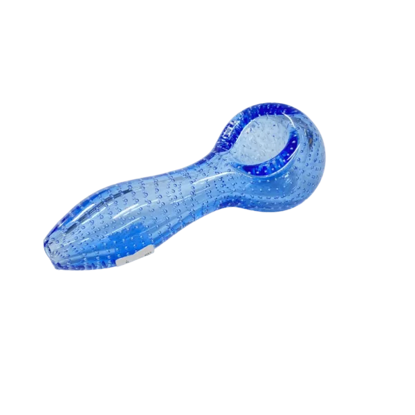 Smooth, blue glass pipe with small hole at end. Intended for tobacco use.