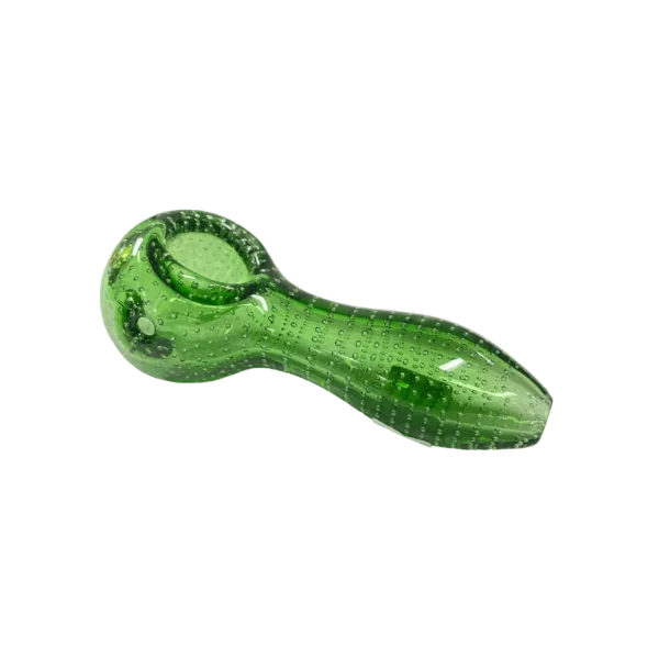 A sleek and modern green glass pipe with a long, curved stem and a small, round bowl. The bowl has a circular design on the surface, and the stem has a small knob at the end.