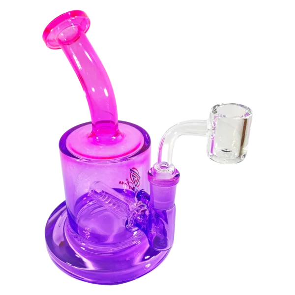 Small gradient rig with pink/purple color scheme, transparent tube, and glass jars filled with water on pink/purple base.