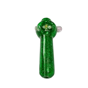 A sleek, modern green glittery vaporizer made of plastic or resin, with a cylindrical shape and a small handle at one end. It has a glossy finish and no visible flaws.