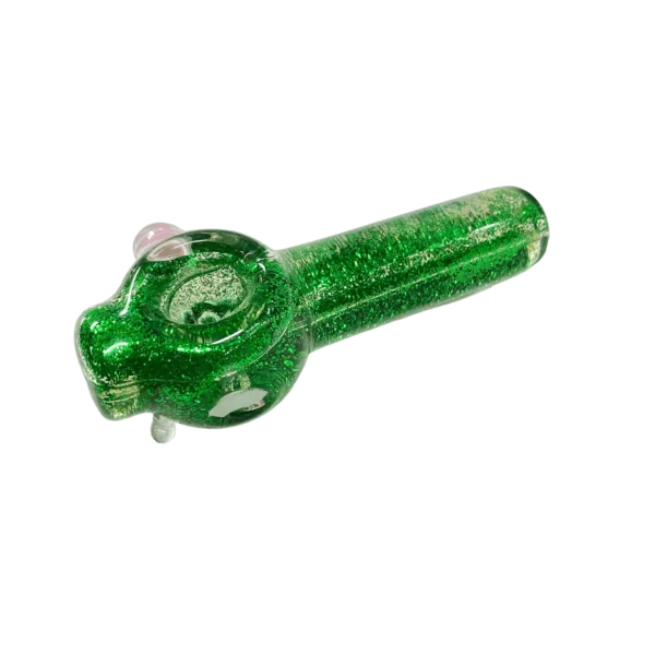 Functional smoking pipe with glittered, clear glass tube and long mouthpiece. Made of plastic or metal. Shiny appearance.