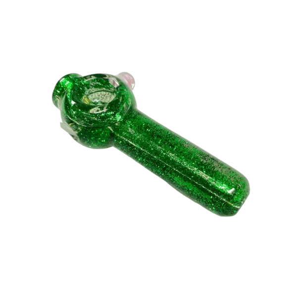 green glass bong with a clear base and a green neck with glitter, designed for smoking tobacco or other substances.