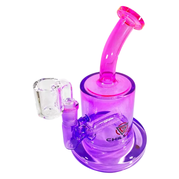 Purple small gradient rig with glass tube and jar on pink base. Good condition.