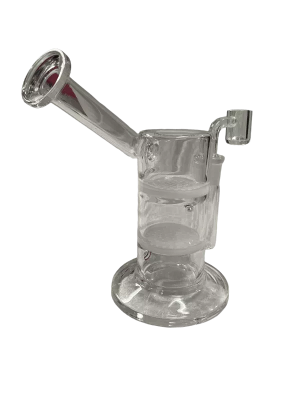 Glass pipe with long stem, clear base, red handle, side hole, and small hole on other side - Oh Snap Rig - JLE222.