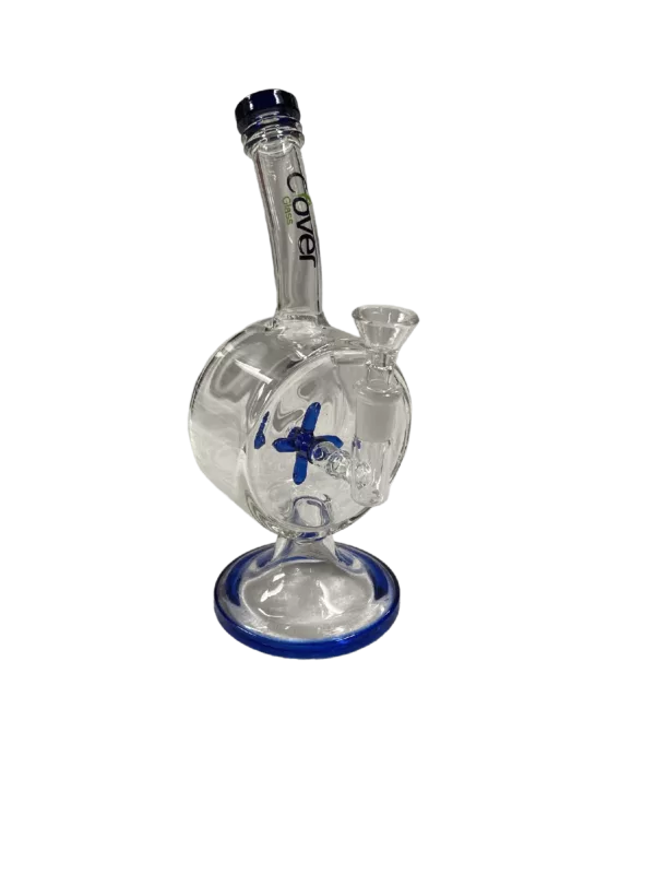 Blue and white glass water pipe with clear body and small white symbol handle, sitting on clear base.