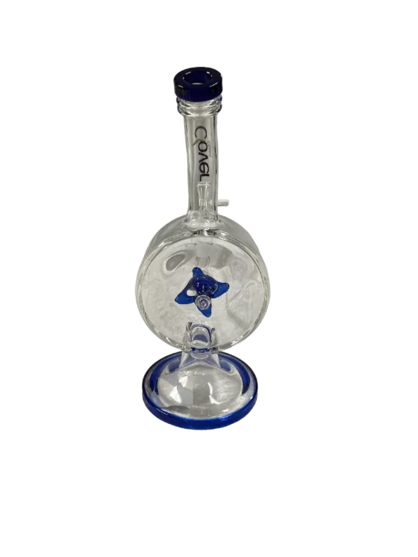 Glass bong with blue base and clear stem on wooden stand. Small, clear bowl with blue center. No other features.