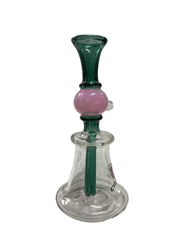 Glass bong with attached bicycle horn in pink/purple. Clear base. JLE144.