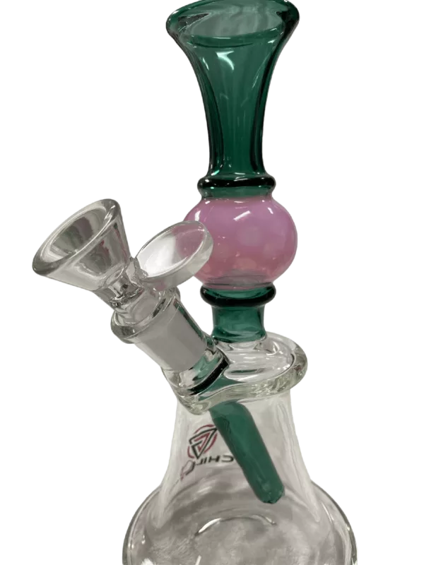 Glass water pipe with purple accent and clear base, shaped like a bicycle horn.