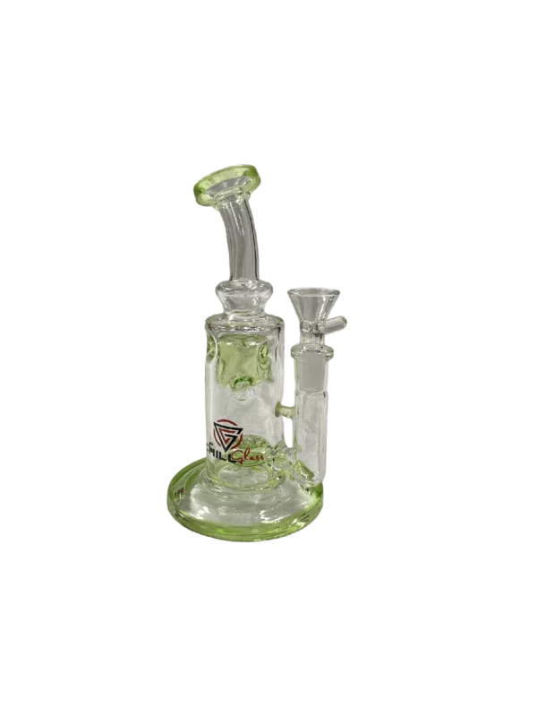 A clear glass bong with a green handle and three holes at the bottom, featuring a transparent bowl with a small side hole and handle.