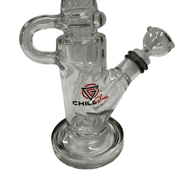 Unique glass bong with red & black turtle design, holding a pipe & featuring a small red bowl with black lines & a hole at the bottom.