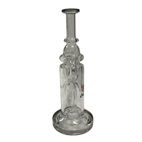 Large glass bong with long and small tubes, wide flat base, perforated top and bottom for smoke to pass through.