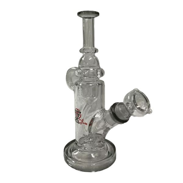 Clear glass bong with bent stem and straight bowl, featuring a small hole in the side of the bowl.