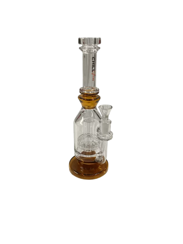 Glass water pipe with small bowl and stem, clear cylindrical body, handle on side, and attached stem. No decorations or markings.