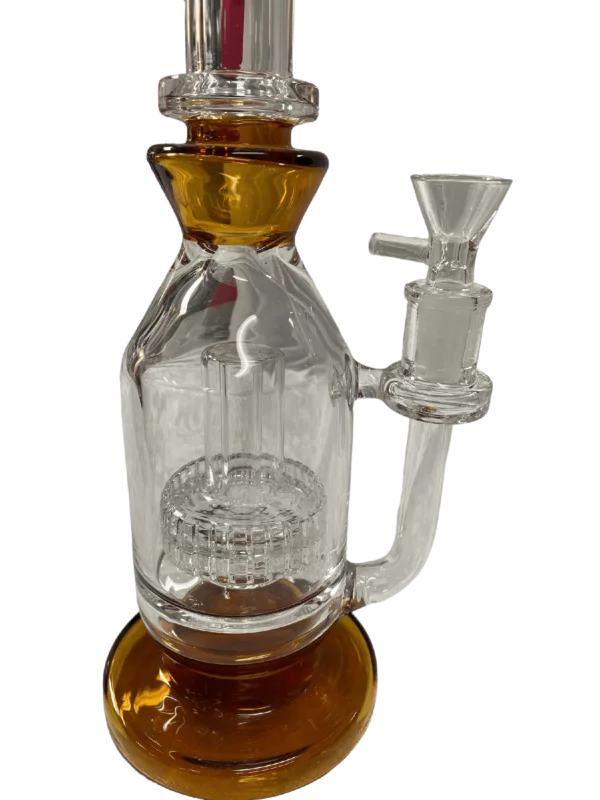 Glass water pipe with curved mouthpiece and round base. JLD 121 sticker on base. Clear stem with small round base. Clear body with small round hole at top.