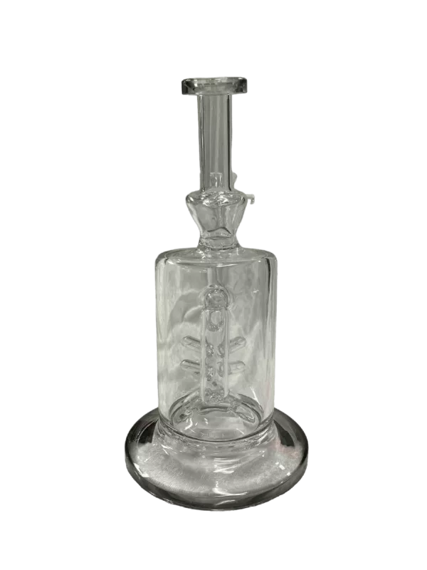 A V6 Rig with a black base, clear stem and bowl, surrounded by water and topped with a clear lid. It has a hole in the side of the base and a metal band.