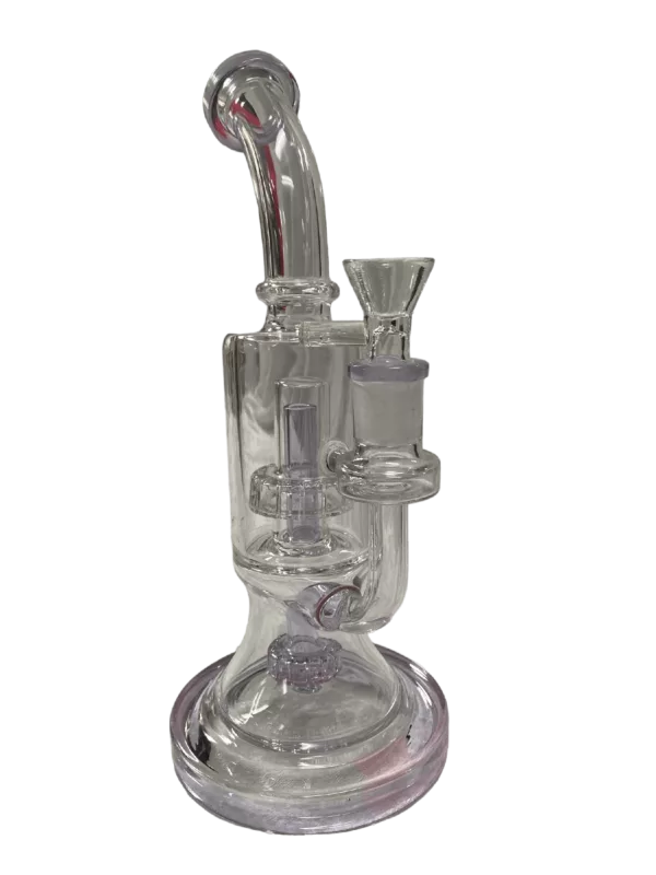 Clear glass water pipe with transparent stem and adjustable water flow knob. Shows inside of pipe with flowing water.