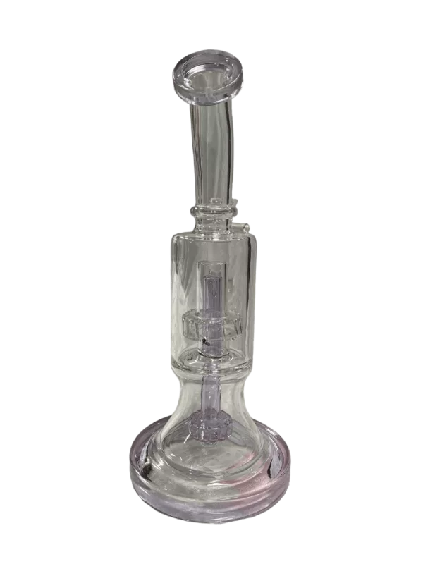 Clear glass water pipe with small base, mouthpiece, and large bowl. Simple and elegant design with straight neck and unadorned glass.
