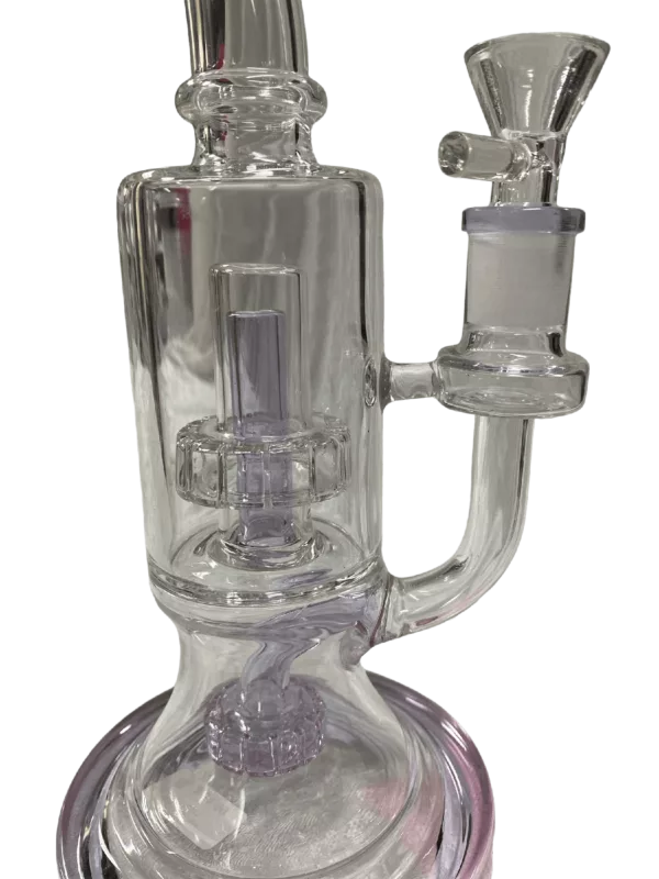Glass water pipe with small chamber, plastic base, and attached cup for smoke filtration.