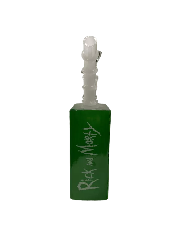 Green glass bottle with 'Rocky Mountain High' on front, white background - Image of Juice Box Water Pipe - AXS111.