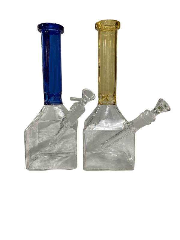 Cylinder-shaped smoking pipe with blue/yellow design, long stem, flared base, transparent mouthpiece, company logo on ring.