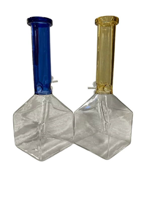 A clear glass bong with a blue and yellow handle, designed for smoking cannabis and other herbs.