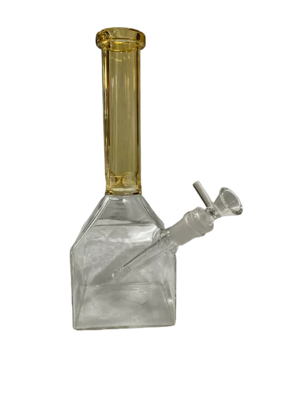 Clear glass liquor bottle converted into water pipe with gold label and curved neck. Mouthpiece is a clear tube.
