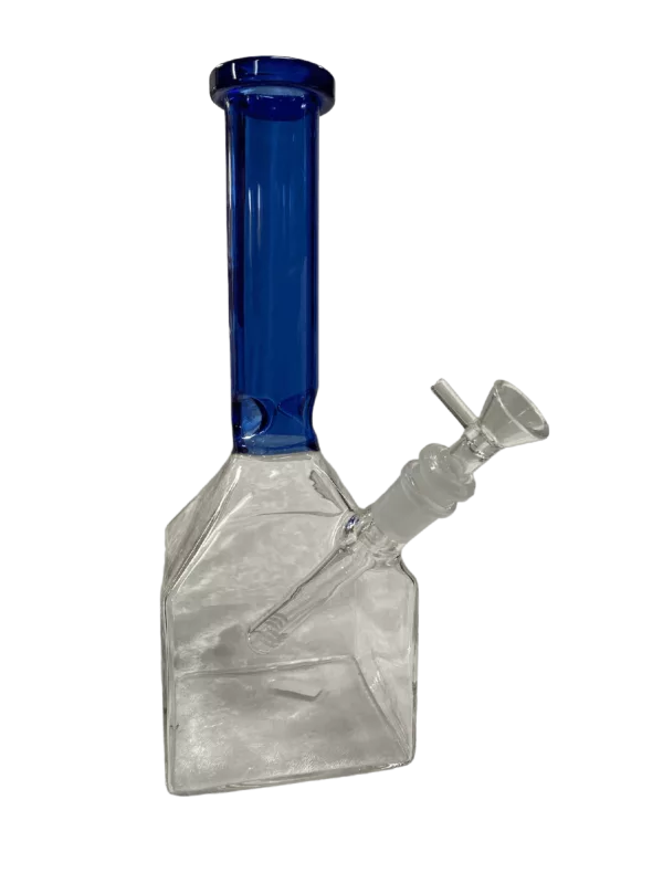 Clear glass liquor bottle water pipe with blue handle and small stem, sitting on green surface.