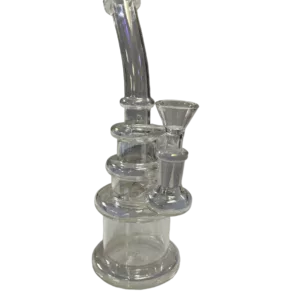 Clear glass bong with small bowl and stem. Translucent bowl, opaque stem. Made of clear glass.