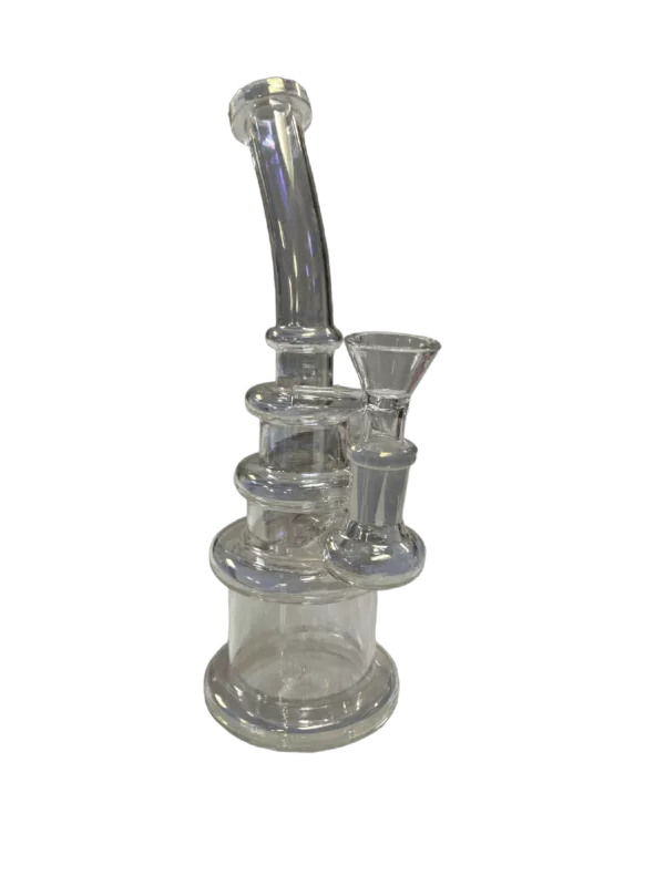 Clear glass bong with small bowl and stem. Translucent bowl, opaque stem. Made of clear glass.