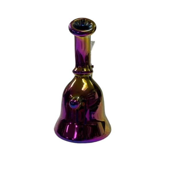 Stylish glass pipe with polished black surface, brown handle, and long black stem. Small and large bowls connected by a long tube. Wrapped in black and purple holographic tape.