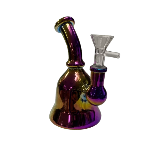 Glass pipe with round bottom, transparent tube, silver band, purple bowl shaped like a bell, and small stem base. BVWB49.