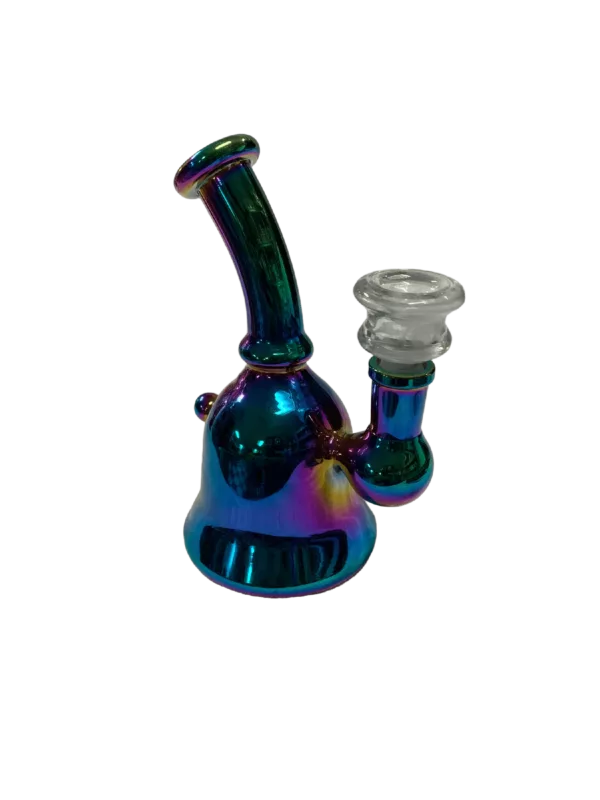 hand pipe made of glass with a black, green, and blue hue, featuring a silver mouthpiece with a black and green bezel and a transparent green shaft with a matching green base.