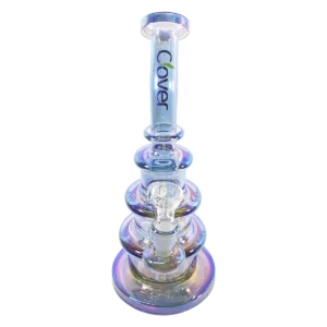 Miniature wedding cake-shaped water pipe with clear glass, small diameter, cork mouthpiece, and adjustable flow rate. Base has smoking hole.