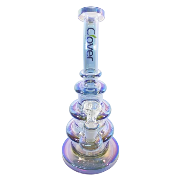 Miniature wedding cake-shaped water pipe with clear glass, small diameter, cork mouthpiece, and adjustable flow rate. Base has smoking hole.