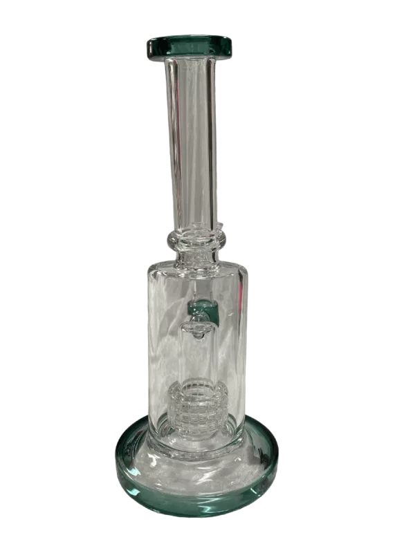 Glass bong with clear body and green base, long curved neck, and clear glass mouthpiece. It has a small, round base with a circular indentation in the center. It is listed as Straight Matrix Revolution - BVWB5 on a smoking company website.