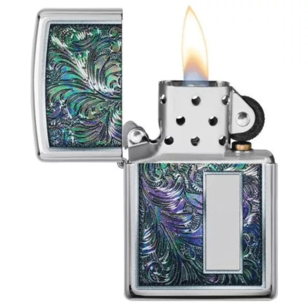 Zippo lighter with vibrant Venetian design and blue/purple/green mosaic background.